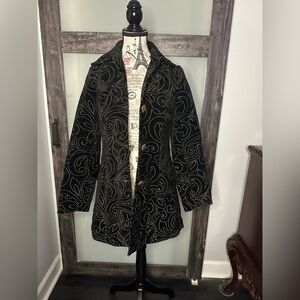 3 Sisters Black Evening Coat with Gold Swirl Design